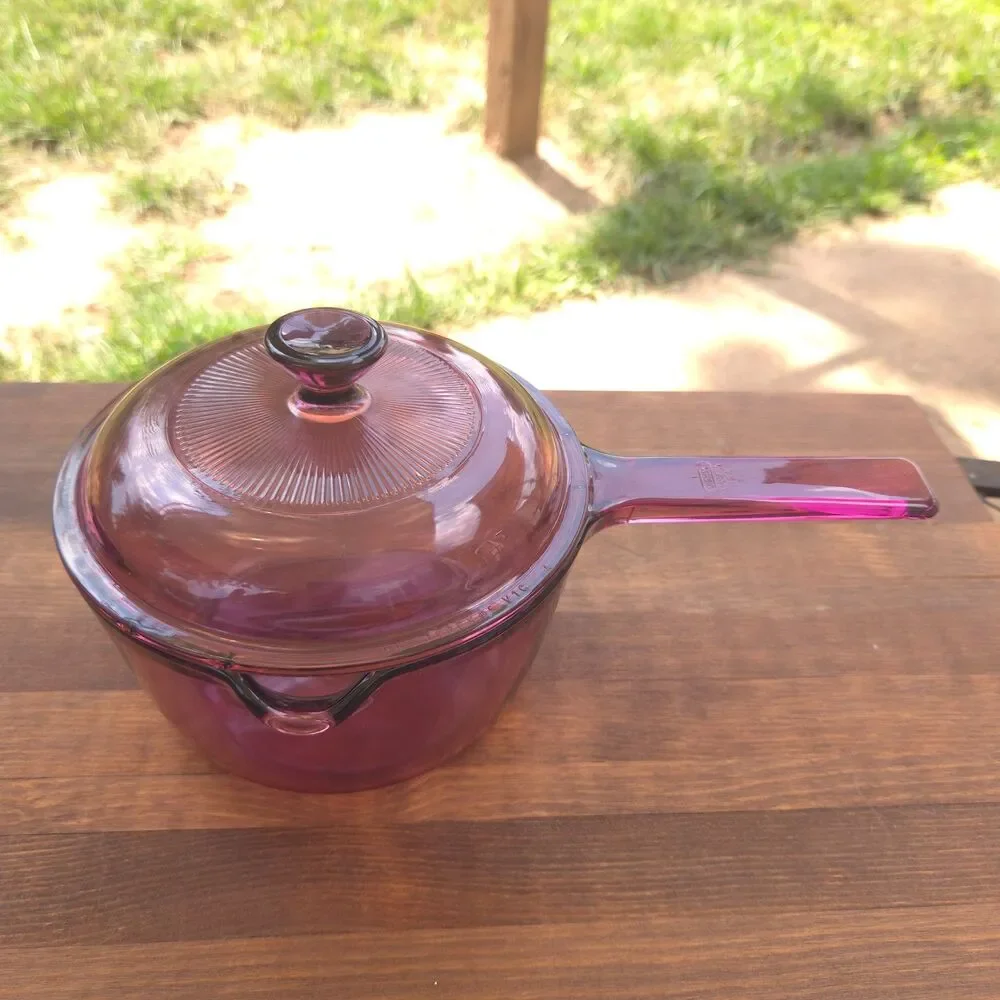 Vintage Corning Visions Cranberry Saucepan & 24 oz Casserole Set w/ Lids USA